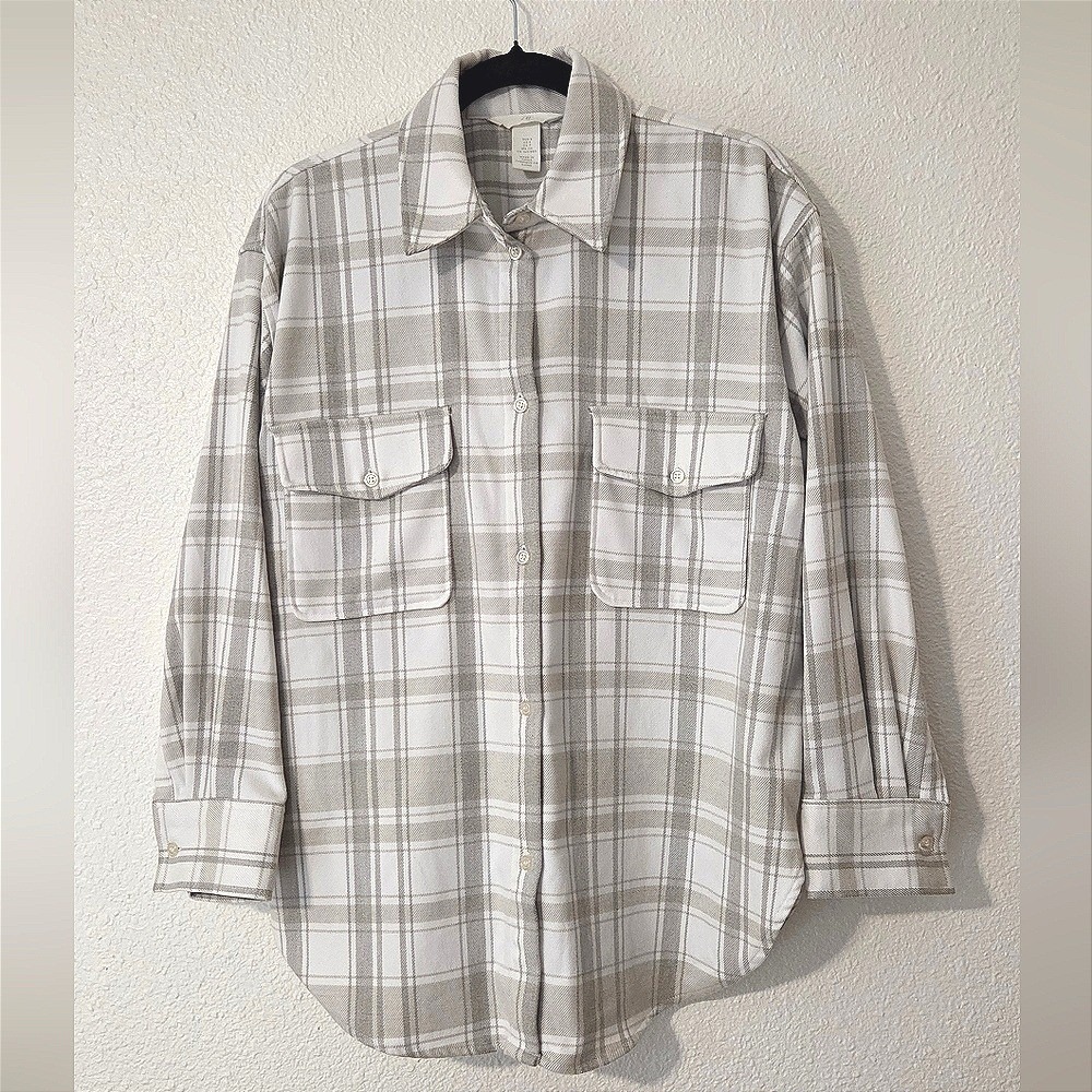 H&M Mens Plaid Shacket Button Up Overshirt Neutral Streetwear Grunge Size Small - Picture 1 of 4
